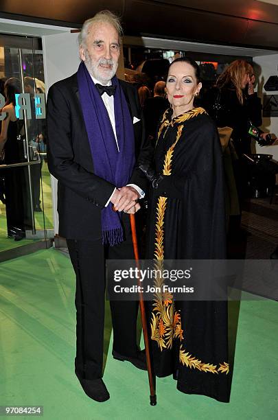 Actor Sir Christopher Lee with his wife attend the Royal World Premiere of Tim Burton's 'Alice In Wonderland' at the Odeon Leicester Square on...