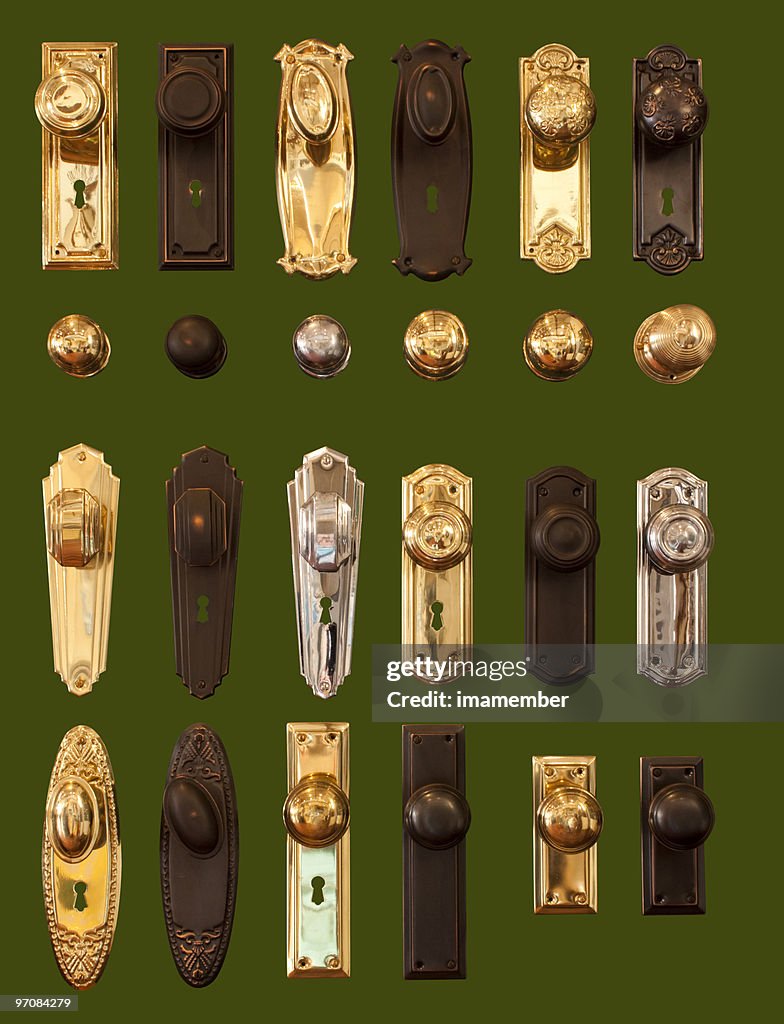 Door handles display collection isolated on dark green background