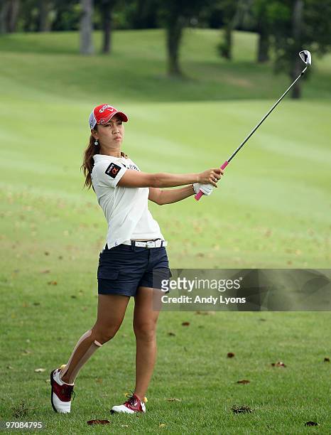 Momoko Ueda of Japan hits her second shot on the 7th hole during the second round of the HSBC Women's Champions at Tanah Merah Country Club on...