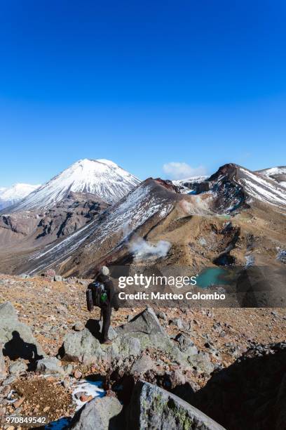 hiker in front of red crater, tongariro national park, new zealand - new zealand volcano stock pictures, royalty-free photos & images