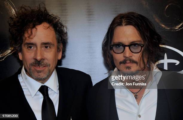 Director Tim Burton and actor Johnny Depp attend the Royal World Premiere of Tim Burton's 'Alice In Wonderland' at the Odeon Leicester Square on...