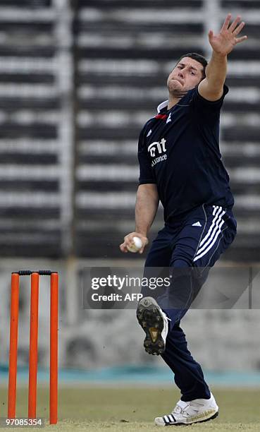 England cricketer Tim Bresnan delivers a ball during a practice match between a Bangladesh Cricket Board XI and England at The Khan Shaheb Osman Ali...