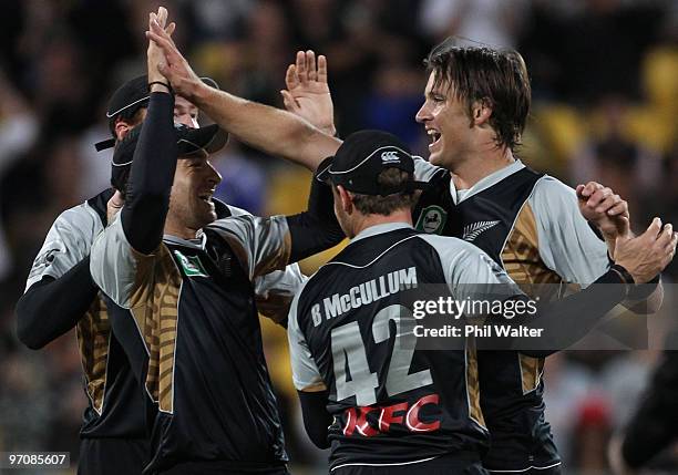 Shane Bond of New Zealand celebrates his wicket of Mitchell Johnson of Australia during the Twenty20 international match between New Zealand and...