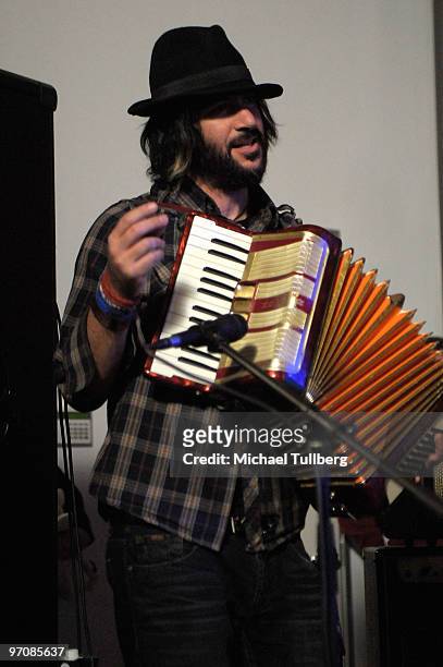 Rock musician Rami Jaffee of the Foo Fighters plays onstage at the Rock 'N' Roll Fantasy Camp 2010 acoustic show, held at the Gibson Showroom on...
