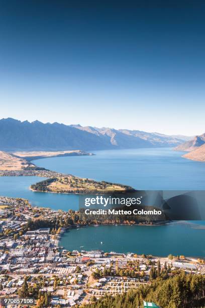 landscape: iconic elevated view of queenstown, new zealand - queenstown ストックフォトと画像