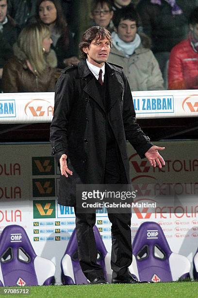Milan head coach Leonardo gestures during the Serie A match between ACF Fiorentina and AC Milan at Stadio Artemio Franchi on February 24, 2010 in...