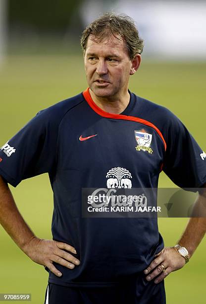 Thailand's coach and former England captain Bryan Robson attends a training session in Doha on February 25, 2010. Thailand will face Iran in Tehran...