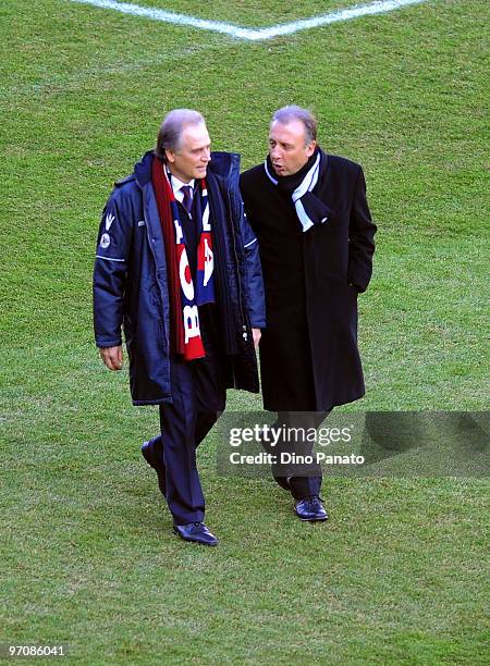 Head coach of bologna Franco Colomba talks to Alberto Zaccheroni head coach of Juventus befor the Serie A match between Bologna FC and Juventus FC at...