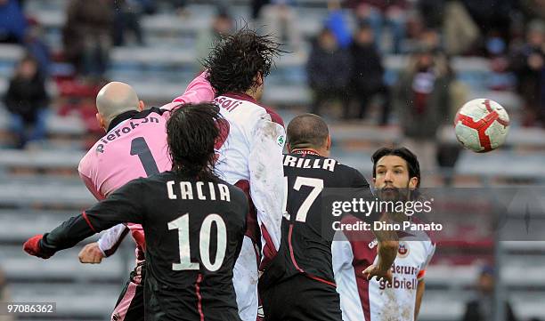 Andrea Pierobon goalkeeper of Cittadella catches the ball in the air ahead of Daniele Cacia and Antonino Barillla' of Reggina during the Serie B...