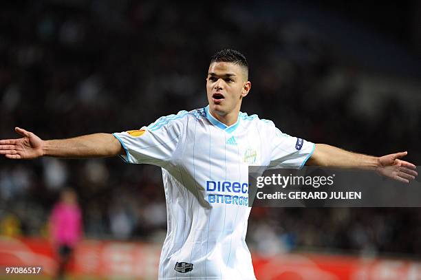 Olympique Marseille's midfielder Hatem Ben Arfa celebrates after scoring a goal during the Europa league football match Olympique de Marseille vs. FC...