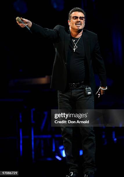 George Michael performs on stage on the Sydney Football Stadium on February 26, 2010 in Sydney, Australia.