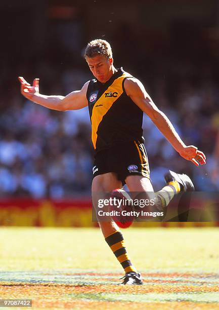 Greg Tivendale of the Tigers kicks during the round five AFL match between the Richmond Tigers and St Kilda at Colonial Stadium on April 9, 2000 in...