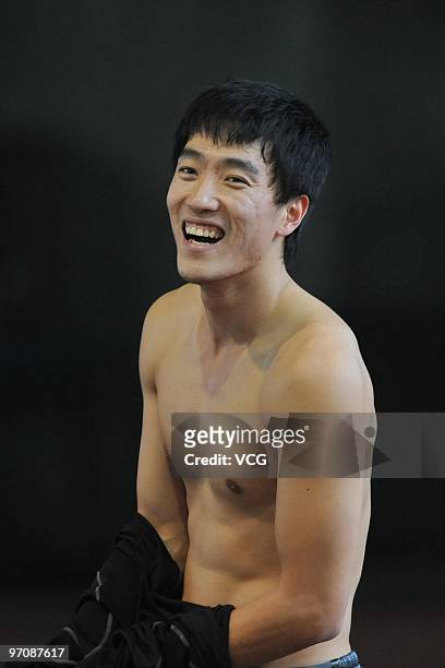 Chinese hurdler Liu Xiang smiles during the men's 60m hurdles of National Indoor Athletics Championships on February 26, 2010 in Shanghai of China....