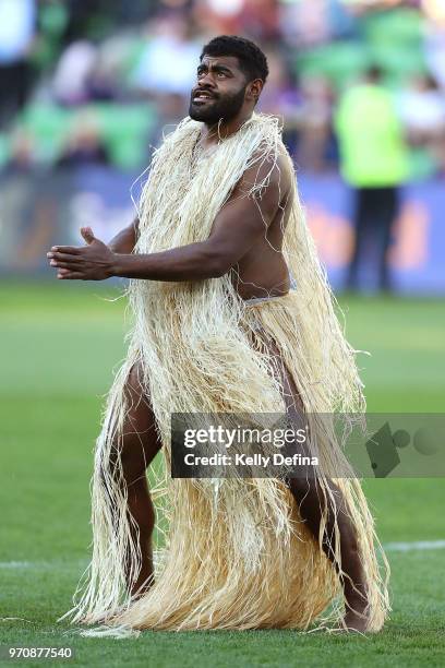 Multicultural dancers perform prior to the round 14 NRL match between the Melbourne Storm and the Brisbane Broncos at AAMI Park on June 10, 2018 in...