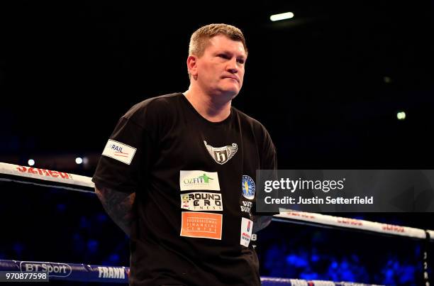 Ricky Hatton, trainer of Nathan Gorman looks on after Nathan Gorman and Sean Turner compete in a 10-round heavyweight contest at Manchester Arena on...