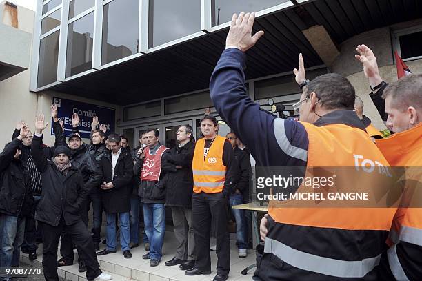 Workers of French oil giant Total's refinery of Mede, southeastern France, vote to continue the strike on February 23 to support their strinking...
