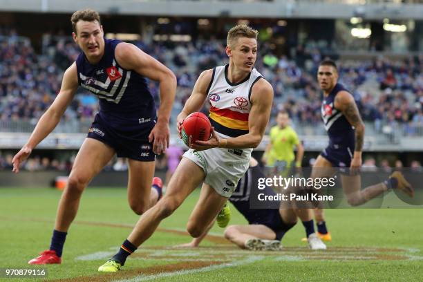 David Mackay of the Crows looks to pass the ball during the round 12 AFL match between the Fremantle Dockers and the Adelaide Crows at Optus Stadium...