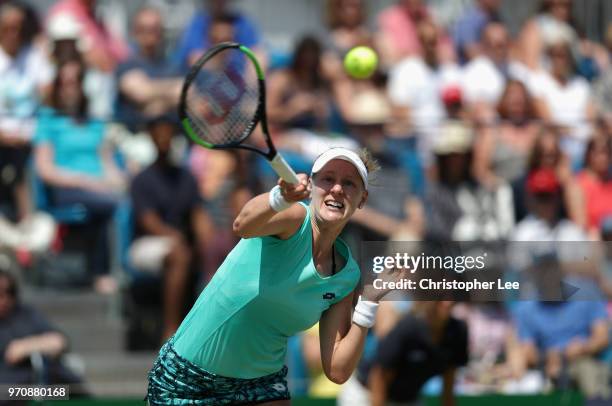 Alison Riske of USA in action as she beats Conny Perrin of Switzerland during their Womens Final match on Day 09 of the Fuzion 100 Surbition Trophy...