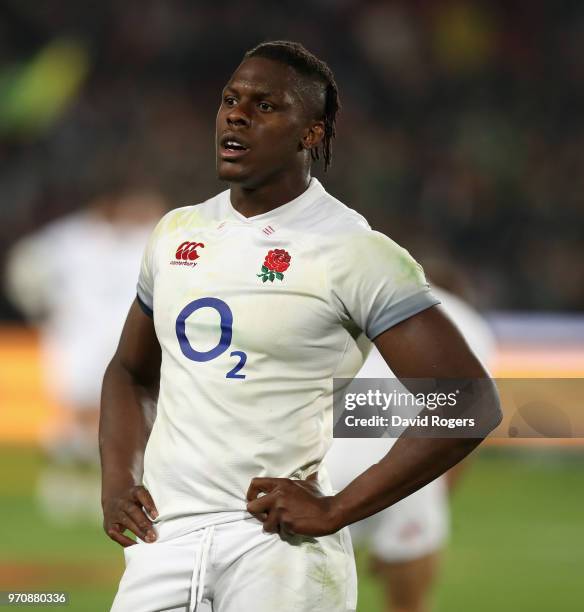 Maro Itoje of England looks on during the first test match between South Africa and England at Elllis Park on June 9, 2018 in Johannesburg, South...