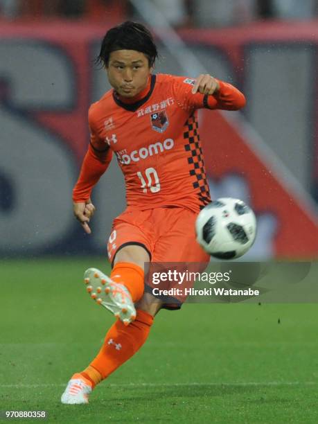 Genki Omae of Omiya Ardija in action during the J.League J2 match between Omiya Ardija and Yokohama FC at NACK 5 Stadium Omiya on June 10, 2018 in...