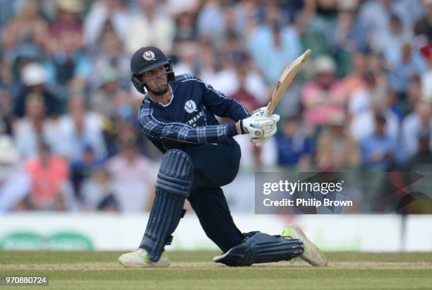 Calum MacLeod of Scotland hits out during the One-Day International match between Scotland and England at Grange cricket club ground on June 10, 2018...