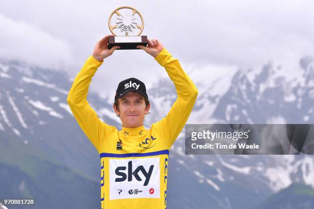 Podium / Geraint Thomas of Great Britain and Team Sky Yellow Leader Jersey / Celebration / Trophy / Mountains / Snow / during the 70th Criterium du...