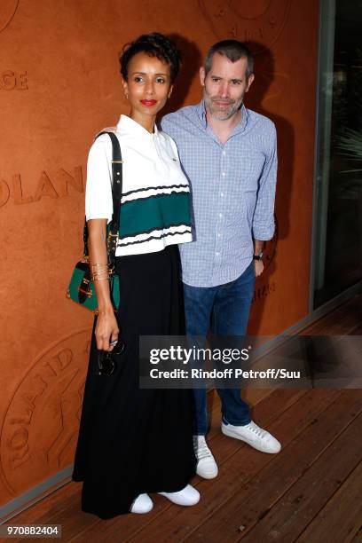 Jalil Lespert and his wife Sonia Rolland attend the Men Final of the 2018 French Open - Day Fithteen at Roland Garros on June 10, 2018 in Paris,...