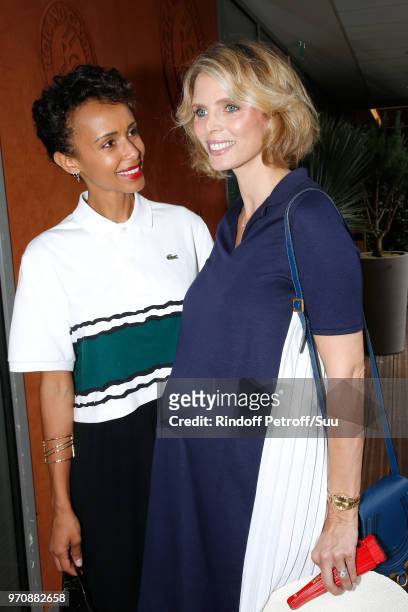 Miss France 2000 Sonia Rolland and CEO of Miss France Company Sylvie Tellier attend the Men Final of the 2018 French Open - Day Fithteen at Roland...