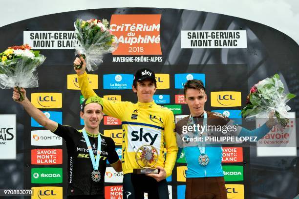 Race winner Britain's Geraint Thomas, wearing the overall leader's yellow jersey , stage winner and overall second-placed Great Britain's Adam Yates...