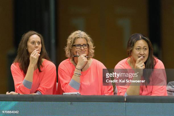 Assistant Coach Sonya Hardcastle, Head Coach Helene Wilson and Assistant Coach Linda Vagana of the Mystics look on during the round six ANZ...