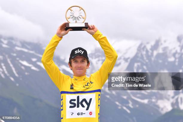 Podium / Geraint Thomas of Great Britain and Team Sky Yellow Leader Jersey / Celebration / Trophy / Mountains / Snow / during the 70th Criterium du...