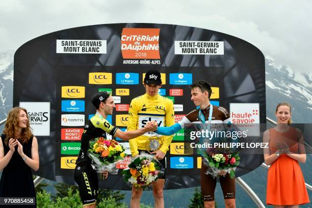 Race winner Britain's Geraint Thomas, wearing the overall leader's yellow jersey , stage winner and overall second-placed Great Britain's Adam Yates...