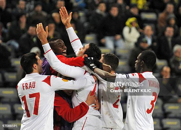 Lille's Adil Rami celebrates with teammates his goal against Fenerbahce during their UEFA Europa League football match at Sukru Saracoglu stadium in...