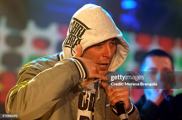 Fabri Fibra during the Italian tv show "Scalo 76" on February 10, 2008 in Milan, Italy.