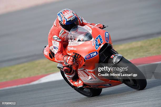 Casey Stoner of Australia and Ducati Marlboro Team heads down a straight during the testing at Sepang Circuit on February 26, 2010 in Kuala Lumpur,...