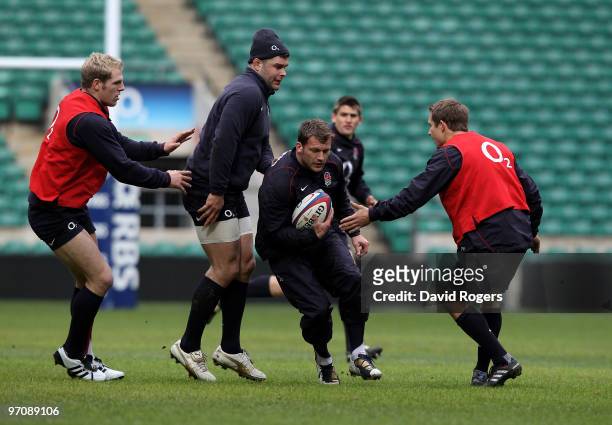 Mark Cueto charges upfield during the England training session held at Twickenham Stadium on February 26, 2010 in London, England.