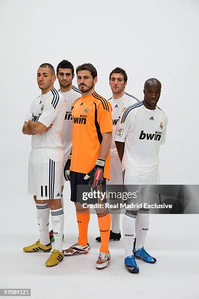 Karim Benzema, Raul Albiol, Iker Casillas, Gonzalo Higuain and Lass Diarra of Real Madrid pose during a special video shooting on February 10, 2010...