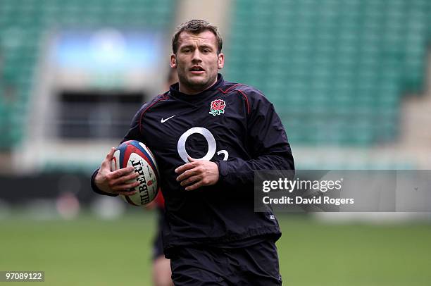 Mark Cueto runs with the ball during the England training session held at Twickenham Stadium on February 26, 2010 in London, England.