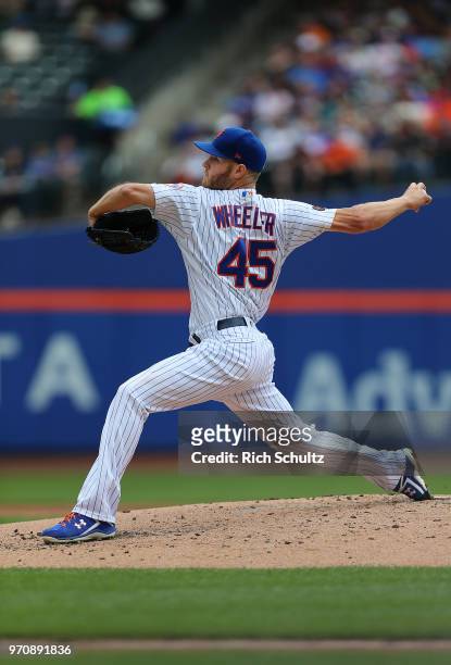 Pitcher Zach Wheeler of the New York Mets in action against the Baltimore Orioles during a game at Citi Field on June 6, 2018 in the Flushing...
