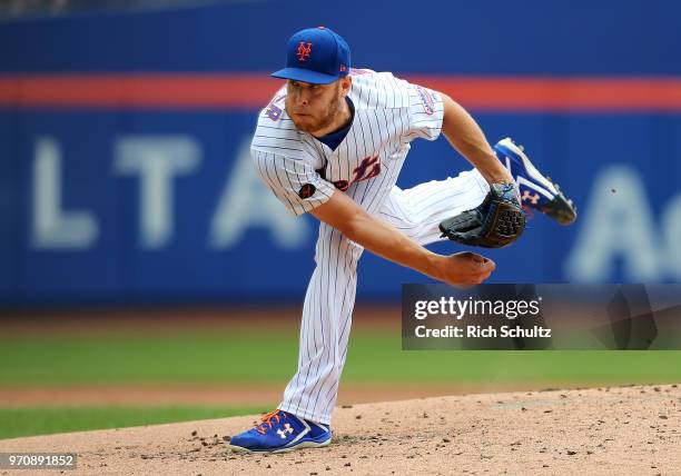 Pitcher Zach Wheeler of the New York Mets in action against the Baltimore Orioles during a game at Citi Field on June 6, 2018 in the Flushing...