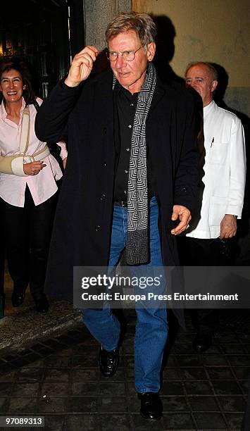 Actor Harrison Ford leaves 'El corral de la Moreria', a typical flamenco pub. Harrison Ford is in Spain to promote 'Measures' on February 26, 2010 in...