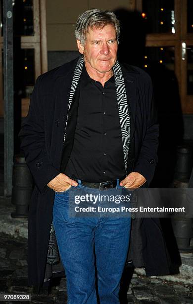 Actor Harrison Ford leaves 'El corral de la Moreria', a typical flamenco pub. Harrison Ford is in Spain to promote 'Measures' on February 26, 2010 in...