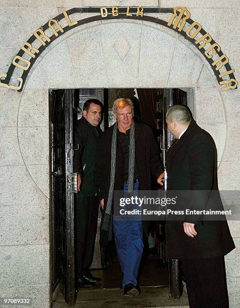 Actor Harrison Ford leaves 'El corral de la Moreria', a typical flamenco pub. Harrison Ford is in Spain to promote 'Measures' on February 26, 2010 in...