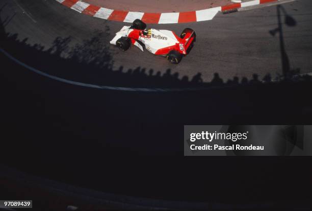 Ayrton Senna drives the McLaren-Ford MP4/8 during the Monaco Grand Prix on 23 May 1993 around the streets of Monte Carlo in the Pricipality of Monaco.