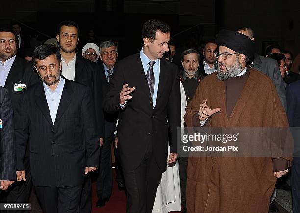 Syrian President Bashar al-Assad holds a reception in honour of the Iranian President Mahmoud Ahmadinejad with the presence of Hizbullah chief Hassan...