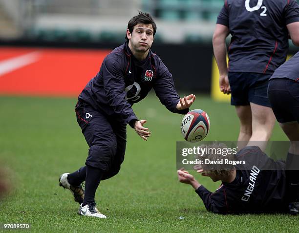 Danny Care passes the ball during the England training session held at Twickenham Stadium on February 26, 2010 in London, England.