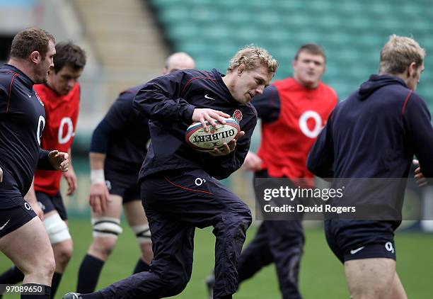 Lewis Moody runs with the ball during the England training session held at Twickenham Stadium on February 26, 2010 in London, England.