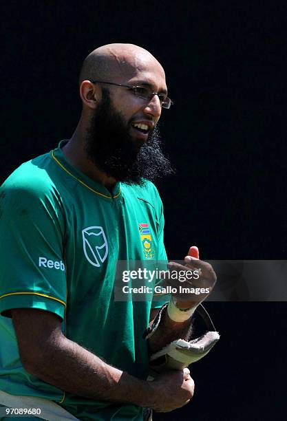 Hashim Amla of South African during a team practice session at Sardar Patel Stadium on February 26, 2010 in Ahmedabad, India.