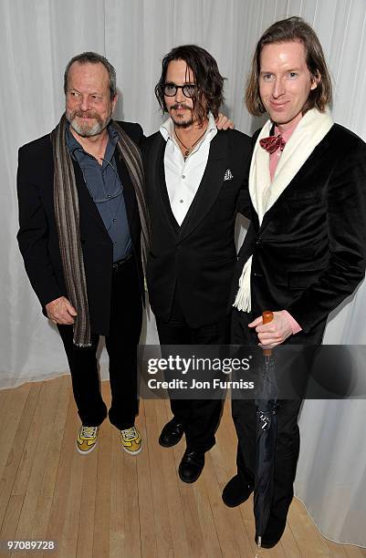 Director Terry Gilliam, actor Johnny Depp and guest attend the Tim Burton's 'Alice In Wonderland' afterparty at the Sanderson Hotel on February 25,...