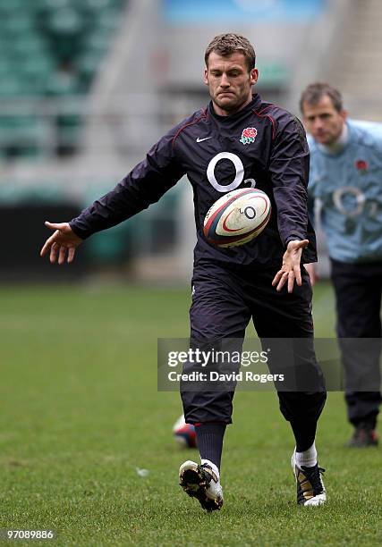 Mark Cueto kicks the ball upfield during the England training session held at Twickenham Stadium on February 26, 2010 in London, England.